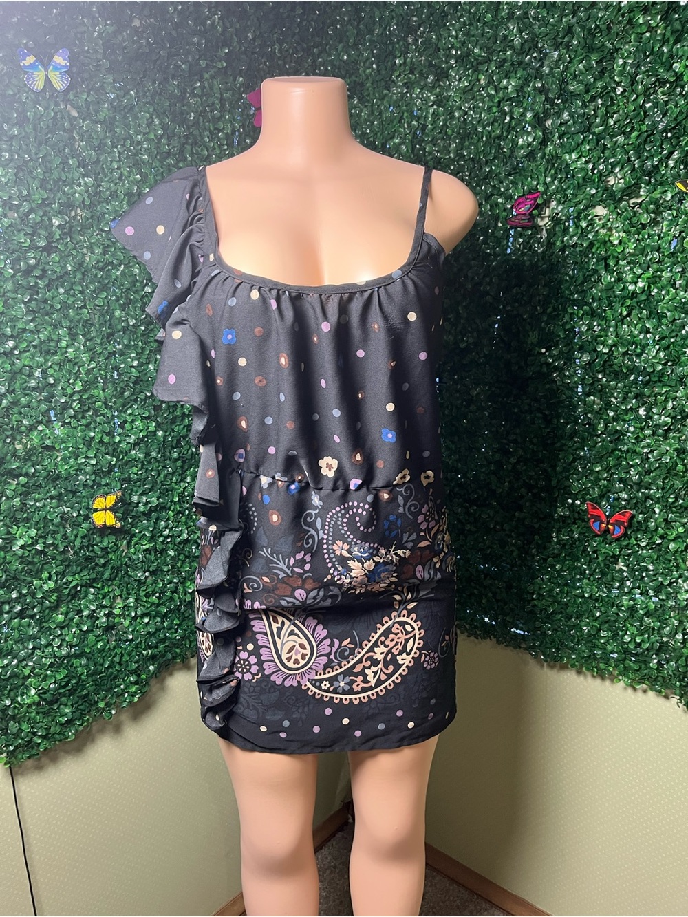 envy Black One-Shoulder Paisley & Polka Dot Dress